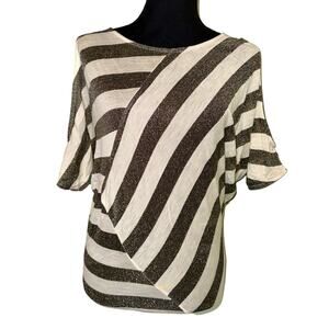 Vintage 90s bebe Gray and White cold shoulder sheer Glitter Diagonal Stripe Top